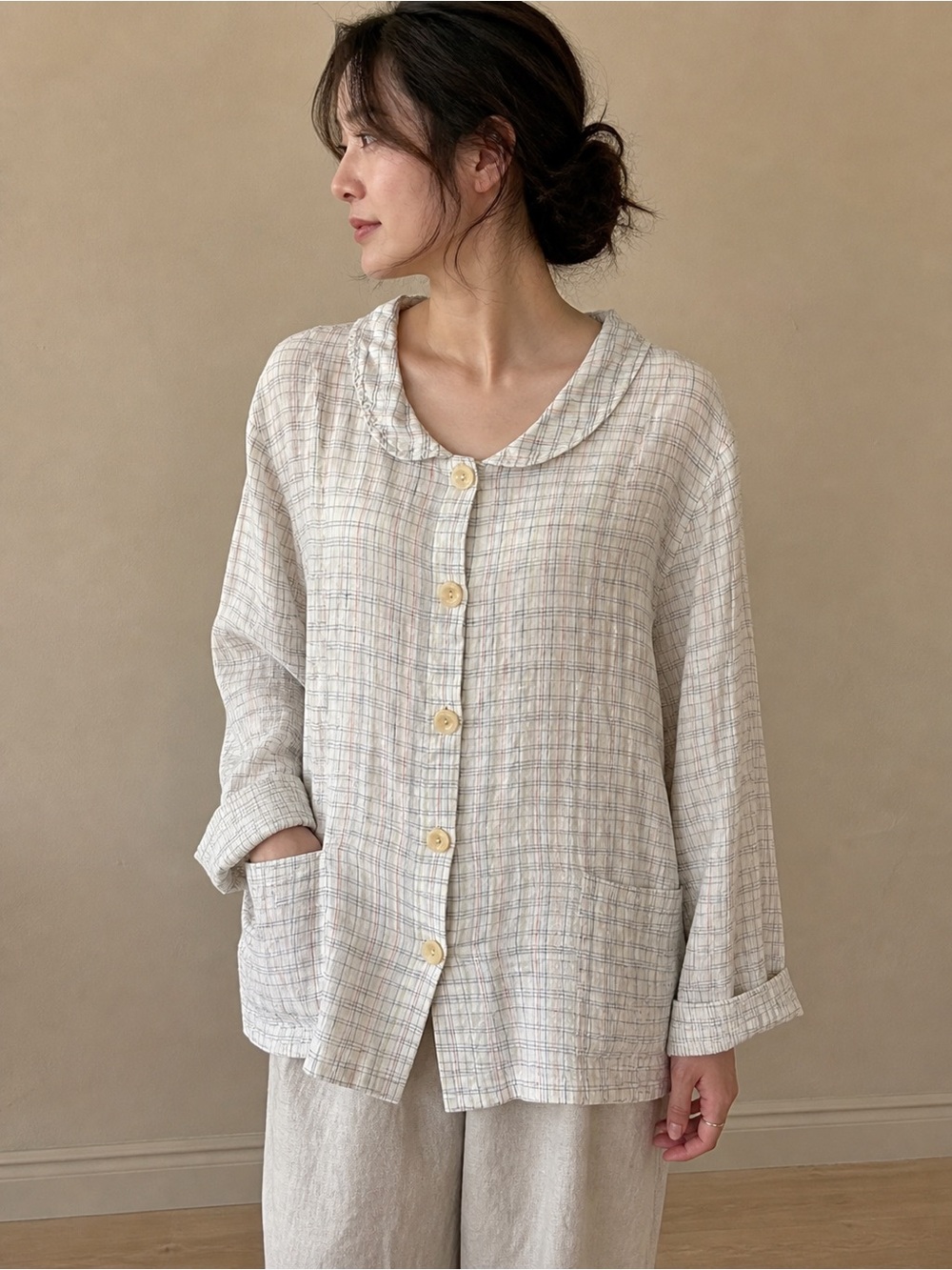 FLAX 100% Linen Gingham Plaid Button Front Top Jacket Large Pockets Relaxed